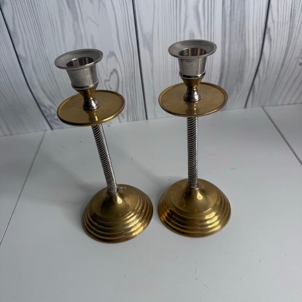 Vintage Set of 2 Brass and Silver Two Tone Candlesticks 8”